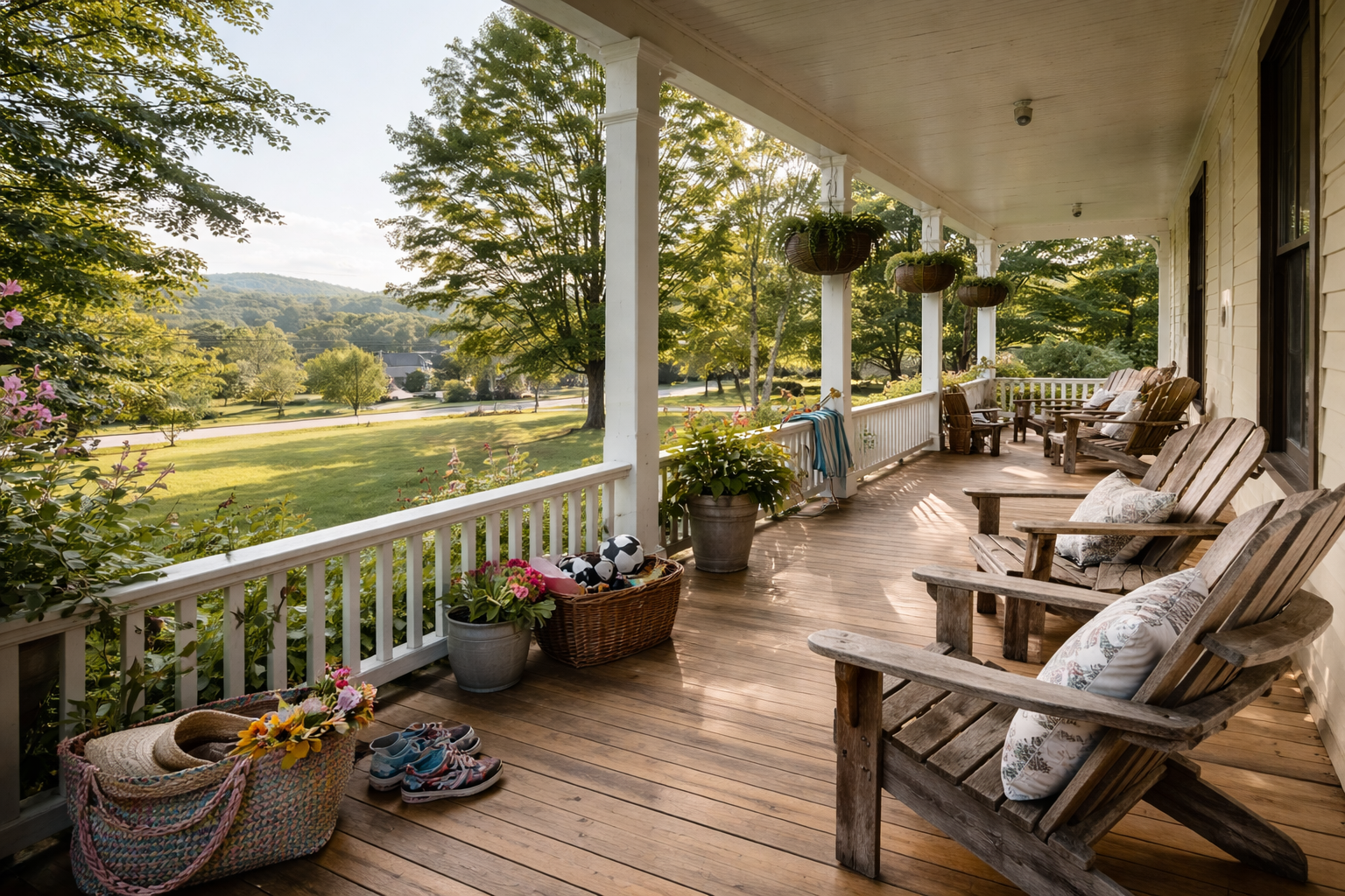A cozy front porch overlooking Vermont woods in summer